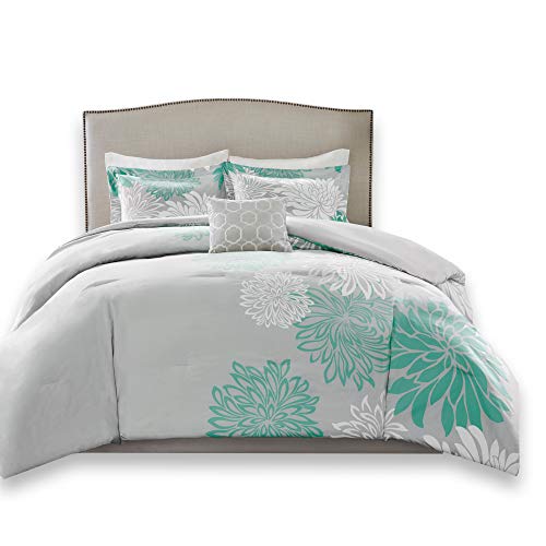 Comfort Spaces Enya Comforter Set-Modern Floral Design All Season Down Alternative Bedding, Matching Shams, Bedskirt, Decorative Pillows, Queen(90"x90"), Aqua - Click to Buy