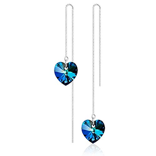 Ladies 925 Sterling Silver Blue Swarovski Crystal Heart of Ocean Long Earrings - Click to Buy