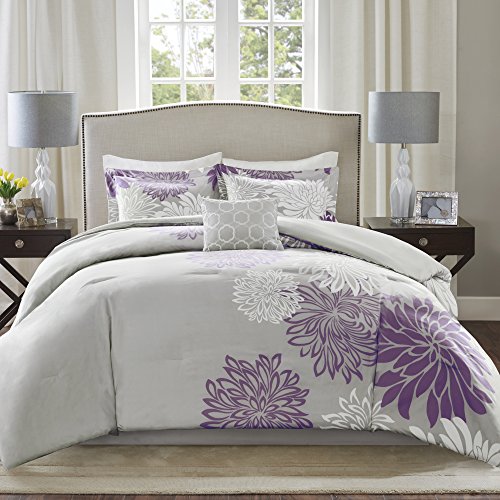 Comfort Spaces - CS10-0024 Enya 5 Piece Comforter Set Ultra Soft Hypoallergenic Microfiber Floral Print Bedding, King, Purple/Grey - Click to Buy