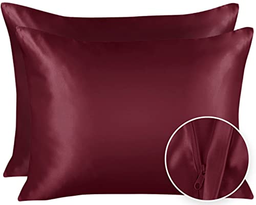Sweet Dreams 2-Pack Luxury Satin Pillowcase with Zipper, Standard Size, Burgundy (Silky Satin Pillow Case for Hair) by Shop Bedding - Click to Buy