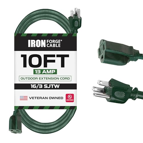 Iron Forge Cable Weatherproof 10 Ft Outdoor Extension Cord - 16/3 SJTW Heavy Duty Green Extension Cord 3 Prong - 13 Amp Exterior Power Cable - Click to Buy
