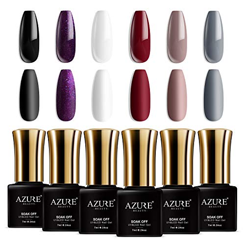 AZUREBEAUTY Classic Gel Nail Polish Set - 6 Colors Wined Red Deep Dark Gel Polish Kit Snow White Nude Grey Nail Gel Polish Soak Off UV LED Gel Nail Kit Manicure Home Gift Box - Click to Buy