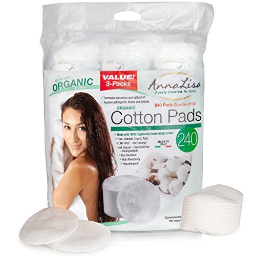 AnnaLisa 100% Pure ORGANIC Combed Cotton Pads for Makeup/Nail Polish Removal |240-Piece Italian Round Facial Cleansing| 3 Packs of 80 Hypoallergenic & Absorbing Cotton Rounds for Face closed ends - Click to Buy