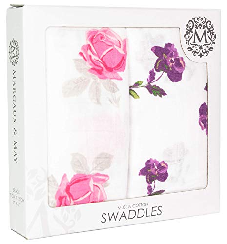 Swaddle Blankets for Baby Girls, 2-Pack, Soft Swaddling Wrap for Newborn Infants, Large 47 x 47 inches, Pink Purple Flowers by Margaux & May - Click to Buy