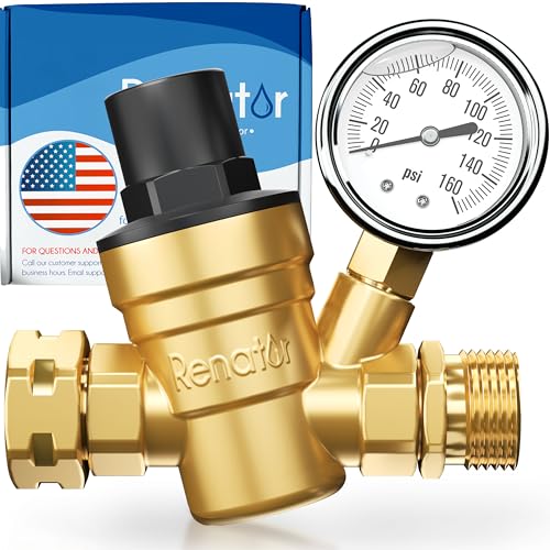 Renator RV Water Pressure Regulator for RV Camper. Brass Lead-free Adjustable Water Pressure Regulator with Gauge for Camper Travel Trailer, Reducer Valve W Filter. M11-0660R. - Click to Buy