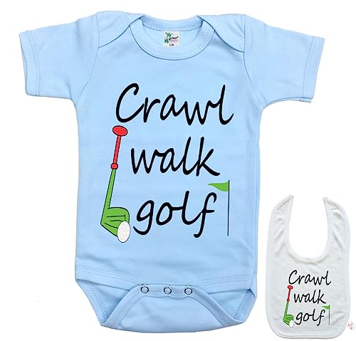 " Crawl Walk Golf " Cute Boutique Baby bodysuit onesie & matching bib - Click to Buy