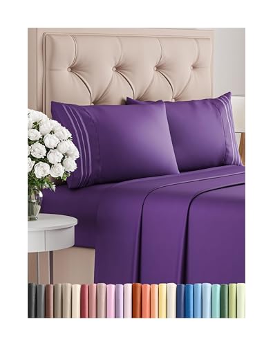 Cal King Size 4 Piece Sheet Set - Comfy Breathable & Cooling Sheets - Hotel Luxury Bed Sheets for Women & Men - Deep Pockets, Easy-Fit, Soft & Wrinkle Free Sheets - Purple Oeko-Tex Bed Sheet Set - Click to Buy