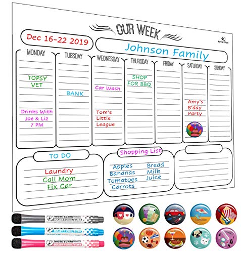 HomeN'Stars Magnetic Weekly Calendar Whiteboard / Multi Purpose Planner for Fridge / Week White Board for Refrigerator 16” x 12” Bonus 10 Magnetic Icons and 2 Markers - Click to Buy