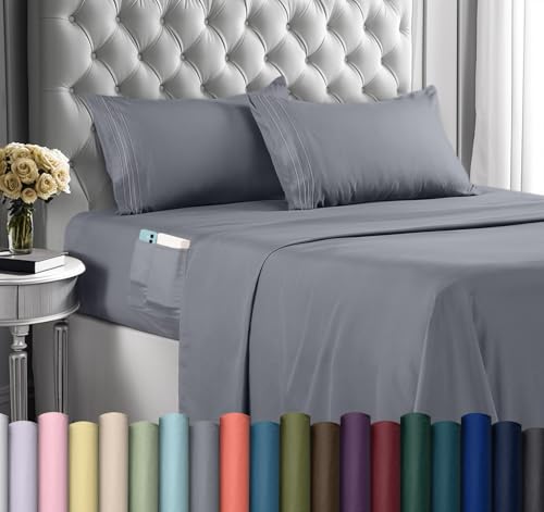 Utopia Bedding Queen Sheet Set – Soft Microfiber 4 Piece Hotel Luxury Bed Sheets with Deep Pockets - Embroidered Pillow Cases - Side Storage Pocket Fitted Sheet - Flat Sheet (Grey, Queen) - Click to Buy