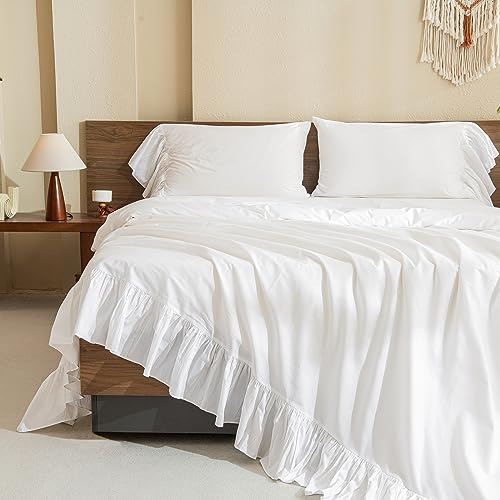 Queen's House White Ruffles Bed Sheet Set Cotton 4-Piece King Size-Style G - Click to Buy