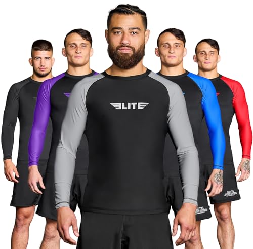 Elite Sports New Item Full Long Sleeve Compression, MMA, BJJ, No-Gi, Cross Training Rash Guard (Gray, Medium) - Click to Buy