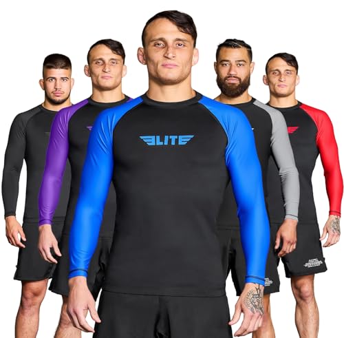 Elite Sports Herren Jiu Jitsu BJJ Rashguard Langarm Kompressionsshirt für Sport Nogi Training, IBJJF Rank Farbe Blau - Click to Buy