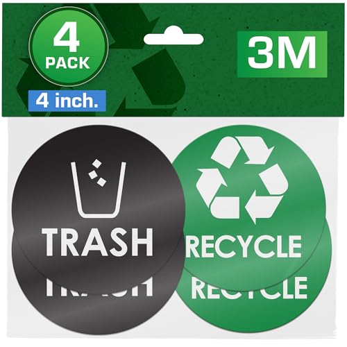Recycling & Trash Bin Stickers - 4-Pack, 4" Inch Round Decals - Easy to Apply, UV-Resistant for Indoor & Outdoor Waste Management in Kitchens, Offices, and Public Spaces