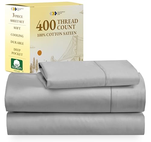 California Design Den Softest 100% Cotton Sheets, Twin XL Sheets Set, 400 Thread Count Sateen Bedding for Dorm Rooms & Adults, Deep Pocket Sheets, Cooling Sheets (Light Grey) - Click to Buy
