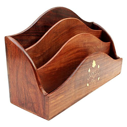 RGRANDSONS Handmade Wooden Desk Letter Rack Magazine Holder 3 Self Brass Inlay 12 Inch - Click to Buy