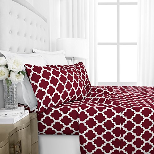 Egyptian Luxury 1800 Hotel Collection Bettwäsche-Set mit Vierpass-Muster, tiefe Taschen, knitter- und lichtbeständig, hypoallergen, bedrucktes Bettlaken und Kissenbezug, Queen-Size-Bett, Burgunderrot - Click to Buy