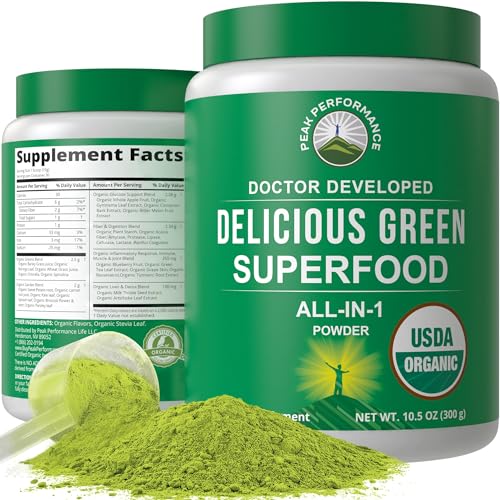 Peak Performance Organic Greens Superfood Powder. Best Tasting Super Greens Powder with 25+ Organic Ingredients for Max Energy and Athletic Performance. Vegan Keto Green Juice Daily Drink - Click to Buy