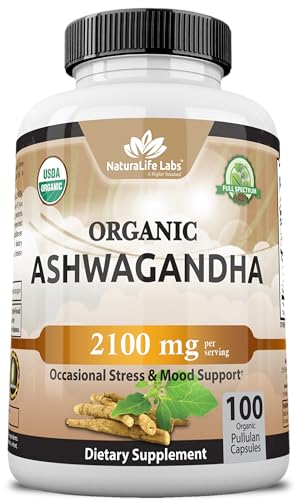 Organic Ashwagandha 2,100 mg - 100 Veggie Capsules Pure Organic Ashwagandha Powder and Root Extract - Stress Relief, Mood Enhancer - Click to Buy