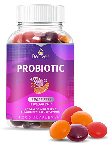 BeLive Probiotic Gummies - Probiotics with 5 Billion CFUs for Digestive Health, Men, Women & Kids - for Immune Support, Sugar Free & Vegan | 60 Ct – Blueberry, Strawberry & Orange (60 Count)