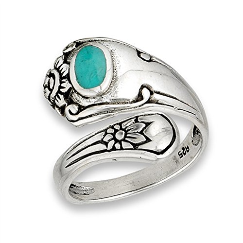Open Simulated Turquoise Unique Vintage Spoon Ring Sterling Silver Thumb Band Sizes 6-9 - Click to Buy
