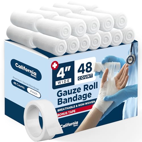 California Basics 48-Pack Gauze Bandage Roll with Tape, 4 Inches x 4 Yards - Soft, Stretchable & Breathable Wrap for Wound Care, First Aid & Medical Supplies - White - Click to Buy