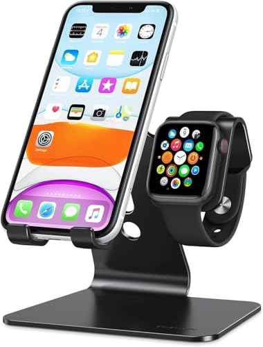 OMOTON Stand for Apple Watch - 2 in 1 Universal Desktop Stand Holder (Not Include Charger) for All iPhone 16 15 14 13 12 and Apple Watch Series 9/8/SE2/7/6/SE/5/4/3/2 (Both 38/40/41/42/44/45mm)-Black - Click to Buy
