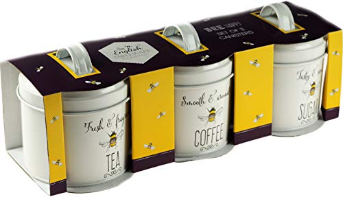 Set of 3 English Tableware Co. Bee Happy Enamel Tea Coffee Sugar Storage Canisters - Click to Buy