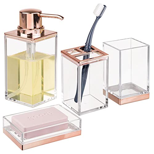 mDesign Square Plastic Bathroom Vanity Countertop Accessory Set - Includes Soap Dispenser Pump, Divided Toothbrush Holder, Tumbler Rinsing Cup, Soap Dish - 4 Pieces - Clear/Rose Gold - Click to Buy