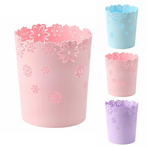 Mini Wastebasket 1.8 Gallons Small Pink Trash can Room Decor Hollow Flower Shape Plastic Lidless Round Garbage Container Bin for Bathroom, Kitchen, Bedroom, Home Office, College Dormitory (Pink, M) - Click to Buy