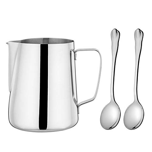 LIANYU Frothing Pitcher, Stainless Steel 12 oz Milk Steaming Coffee Creamer Pitcher, Attached Mini Tea Coffee Spoons - Click to Buy