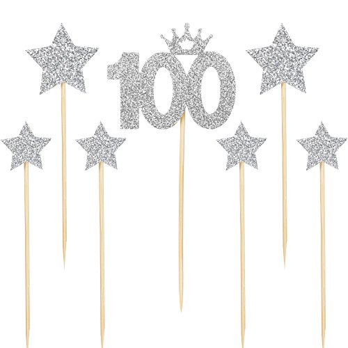 PALASASA Silver glitter 100 Days Cake Topper and pentacle for Parties Baby Happy Birthday,set of 7 - Click to Buy