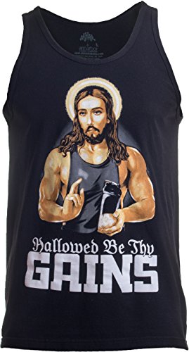 Ann Arbor T-shirt Co. Hallowed Be Thy Gains | Funny Muscle Jesus Weight Lifting Workout Humor Tank Top - Click to Buy