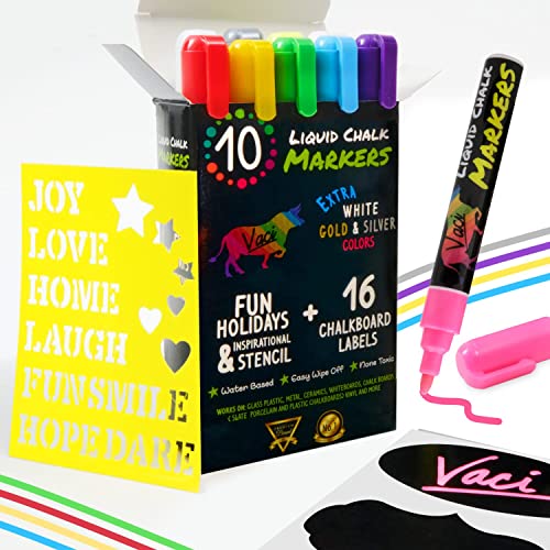 Lot de 10 marqueurs à craie par Vaci, pochoirs de vacances + 16 étiquettes, stylos néon liquide de qualité supérieure, pointes ogive ou biseautées réversibles - Click to Buy