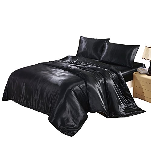 DREFEEL Hotel Quality Black Duvet Cover Set Queen/Full Size Silk Like Satin Bedding with Hidden Zipper Ties Soft Comfortable Stain Resistant Solid Quilt/Comforter Cover Set - Click to Buy