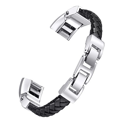 baybayite Leather Bands Compatible with Fitbit Alta and Alta HR, Adjustable Metal Buckle Leather Wristband, Cord Braided Black Large 6.7" - 8.1" - Click to Buy