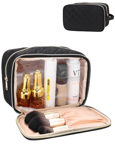 MONSTINA Make Up Bag for Women With Mirror Beauty Makeup Brush Bags Travel Kit Organizer Cosmetic Bag Professional Multifunctional 2 Layer Organiser (Black) - Click to Buy