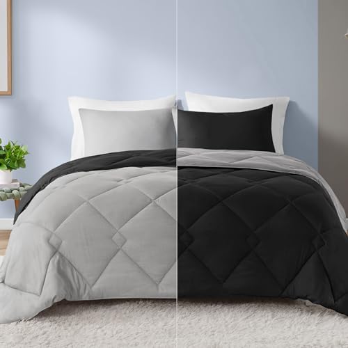 Comfort Spaces Lightweight All Season Down Alternative Cozy Bedding, Sham, fabric, Black/Grey, Full/Queen(90"x90") - Click to Buy