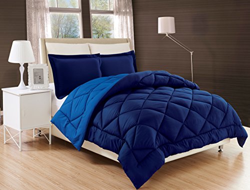 Elegant Comfort All Season Comforter and Year Round Medium Weight Super Soft Down Alternative Reversible 3-Piece Comforter Set, Full/Queen, Navy Blue/Light Blue