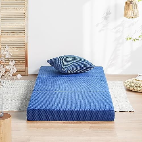 Olee Sleep Tri-Folding Memory Foam Mattress Topper, 4 Inch Gel Folding Mattress for Camping, Foldable Guest Bed, Washable Cover, CertiPUR-US Certified, Soft, Blue, Single Size - Click to Buy