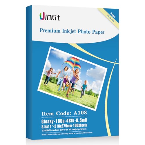 Uinkit 100 Sheets Inkjet Photo Paper Glossy 8.5x11 48lb 180Gsm Professional Photographic Paper Letter Size 8.5Mil Instant Dry Suitable for All Ink Printers