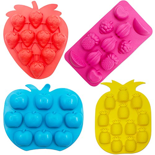 SAKOLLA Fruits Silicone Candy Mold, Gummy Molds Gummies Mold Strawberries Pineapples Apples Grapes Chocolate Mold Ice Cube Tray - Set of 4