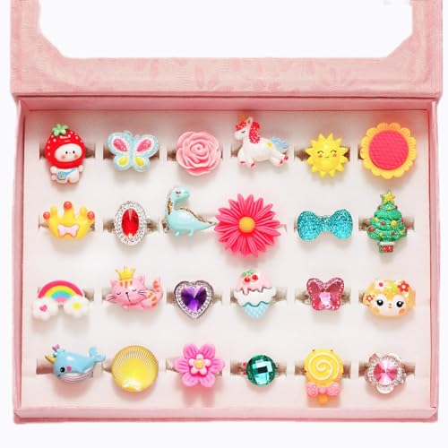 PinkSheep Anneaux bijoux pour petites filles Aspiree dans une boîte, Ajustables, Pas de duplication, Bagues de jeu et d'habillage pour filles (24 bagues adorables) - Click to Buy
