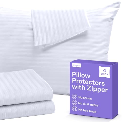 Set of 4 Pillow Protectors with Zipper Queen Size - 100% Resistant to Stains, Dust & Dirt - Washable Covers for Increased Pillow Lifespan - Click to Buy