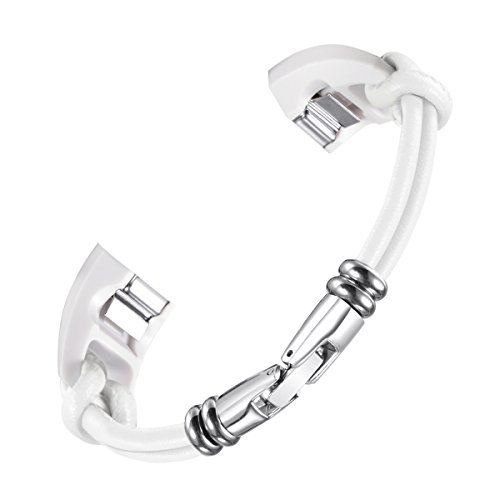 bayite Leather Bands Compatible with Fitbit Alta and Alta HR, Metal Clasp Leather Cord Wristband, (White, 5.5" - 6.7") - Click to Buy