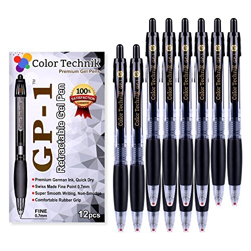 Color Technik GP-1 Premium Retractable Gel Ink Roller Ball Pens, Fine Point 0.7mm, Set of 12 Gel Pens, Black Quick Dry Gel Ink with Comfort Grip, Long Lasting! - Click to Buy