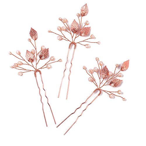 Missgrace Bridal Crystal Leaf Rose Gold Hair Pins Women Crystal Headpiece Wedding Rose Gold Leaf Hair Pins Clip Hair Jewelry Wedding Hair Accessories ( Pack of 3) - Click to Buy
