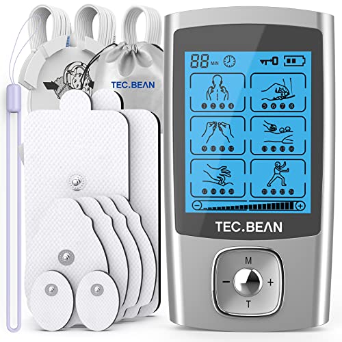 TEC.BEAN 24 Modes Tens Unit Muscle Stimulator, Rechargeable Tens Machine with 8 Electrode Pads (American Gel), Electric Pulse Massager for Pain Relief Therapy（Silver - Click to Buy