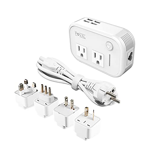 FOVAL Power Step Down 220V to 110V Travel Voltage Converter International Power Adapter for Hair Straightener/Curling Iron with 4-Port USB Charging US/UK/AU/IT/EU Universal Plug Adapter (White) - Click to Buy