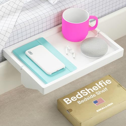BedShelfie Bedside Shelf for Bunk Bed & Top Bunk, College Dorm Room & Loft Nightstand, Floating Bed Side Table Tray Storage - Original White Wood - Click to Buy