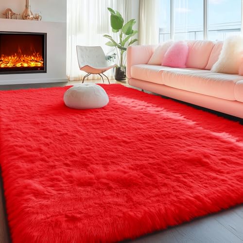Super Soft 4.5cm Plush Area Rugs for Bedroom Girls Room Fluffy Living Room Carpet Nursery Decor Rug 4' x 5.3' (Red) - Click to Buy